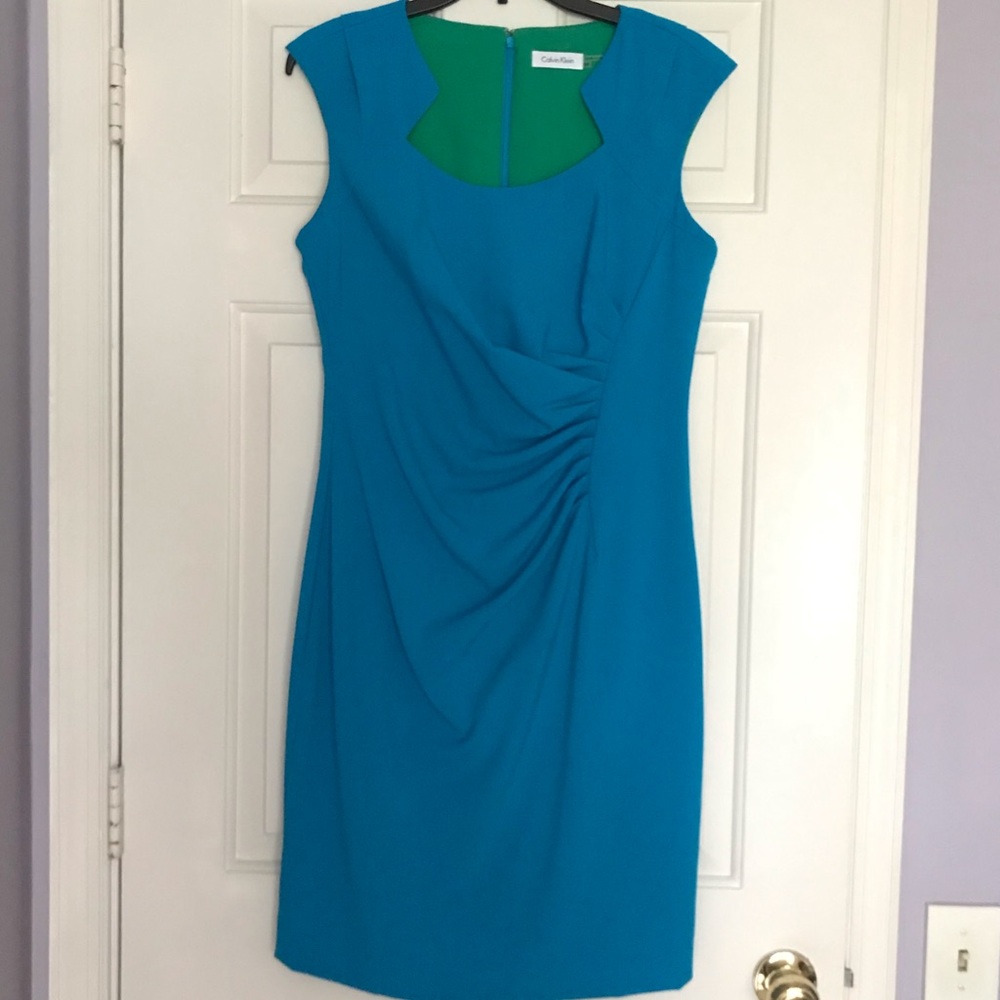 Calvin Klein chic artsy mid midi blue green dress